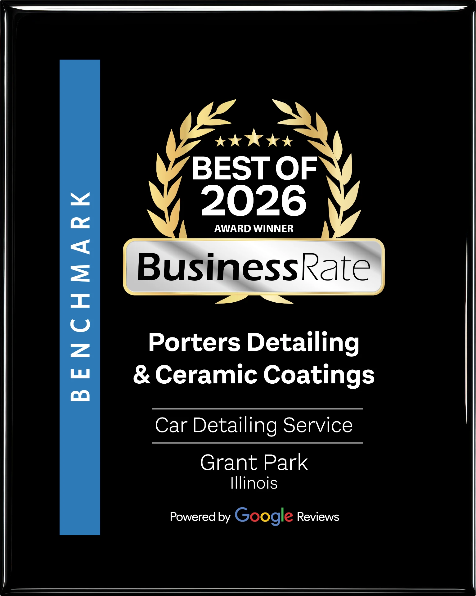Best of 2026 BusinessRate award winner plaque for Porter's Detailing & Ceramic Coatings, Grant Park, Illinois