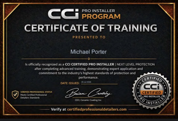 CCI Pro Installer Program Certificate of Training awarded to Michael Porter